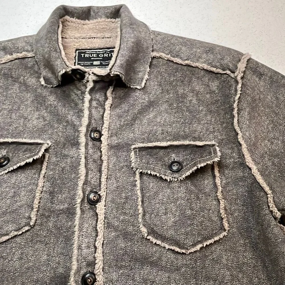 True Grit Mens Medium Sherpa Lined Shirt Jacket Gray Faux Leather Button Front S